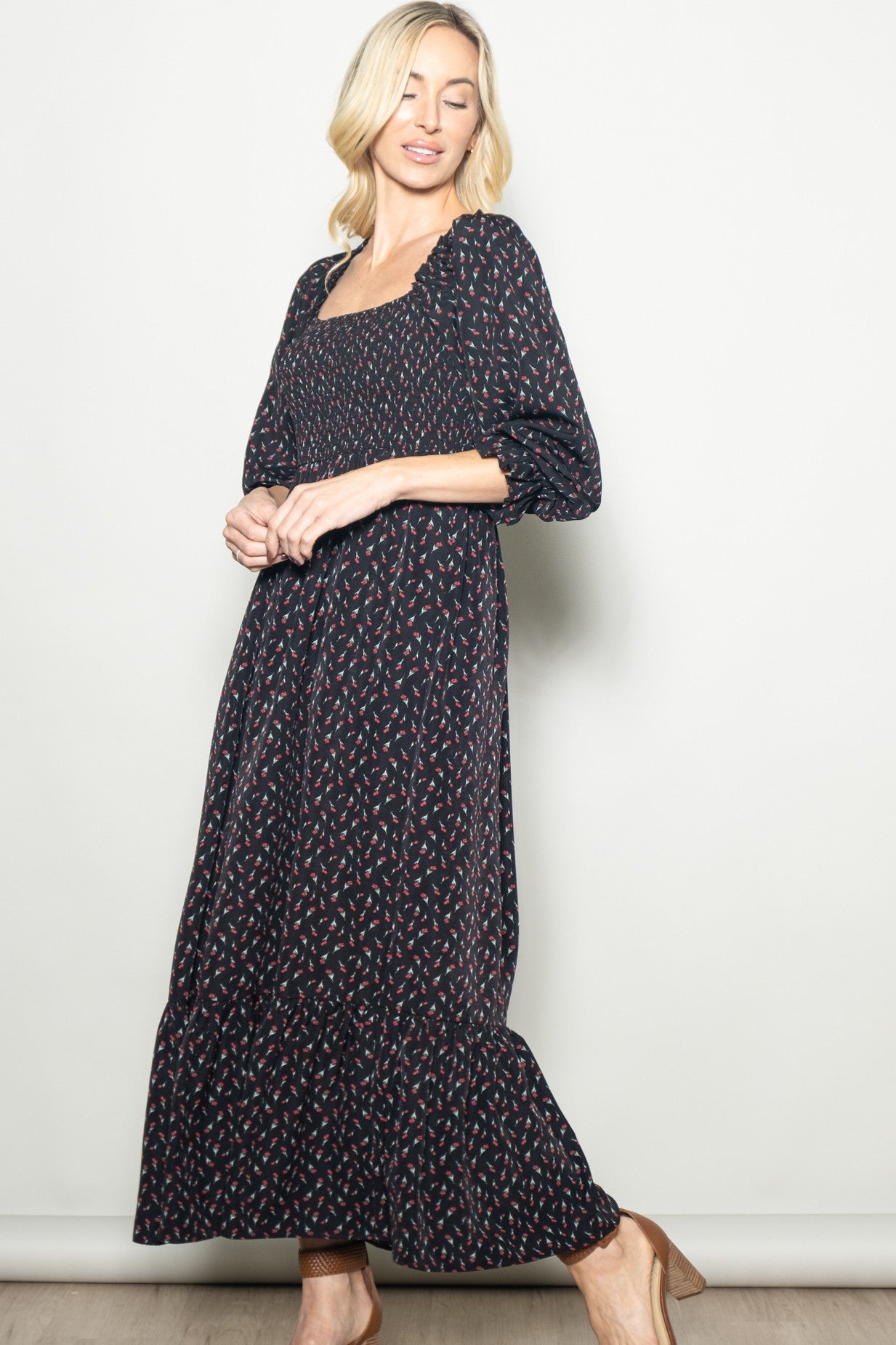 Black Floral 3/4 Sleeve Maxi Dress