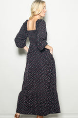 Black Floral 3/4 Sleeve Maxi Dress