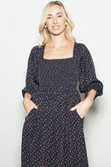 Black Floral 3/4 Sleeve Maxi Dress