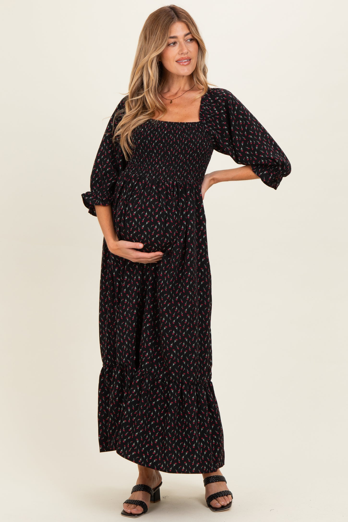 Black Floral 3/4 Sleeve Maternity Maxi Dress