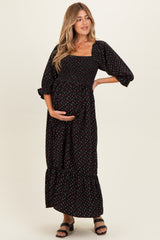 Black Floral 3/4 Sleeve Maternity Maxi Dress