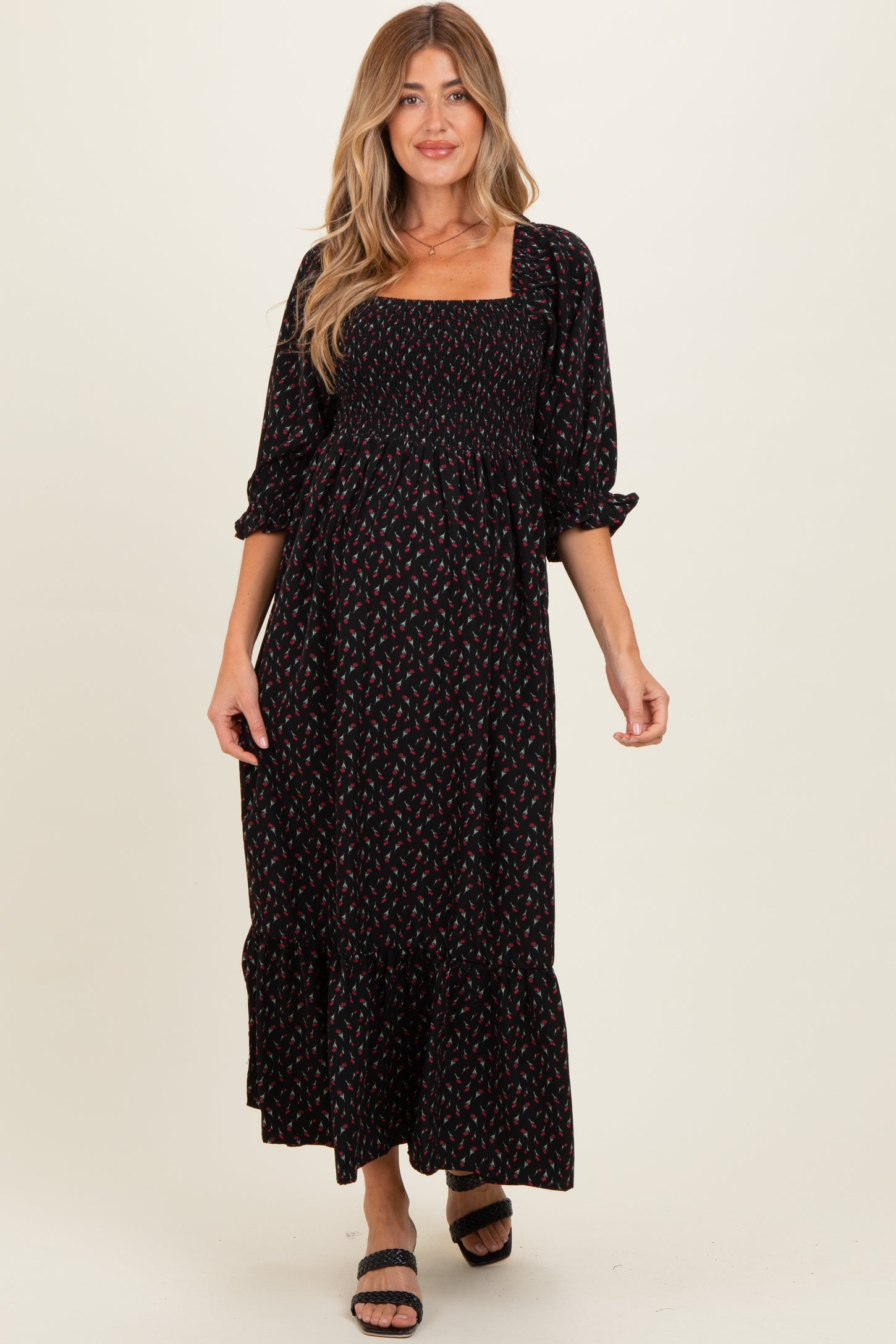 Black Floral 3/4 Sleeve Maternity Maxi Dress