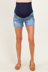 Blue Medium Wash Distressed Maternity Denim Midi Shorts