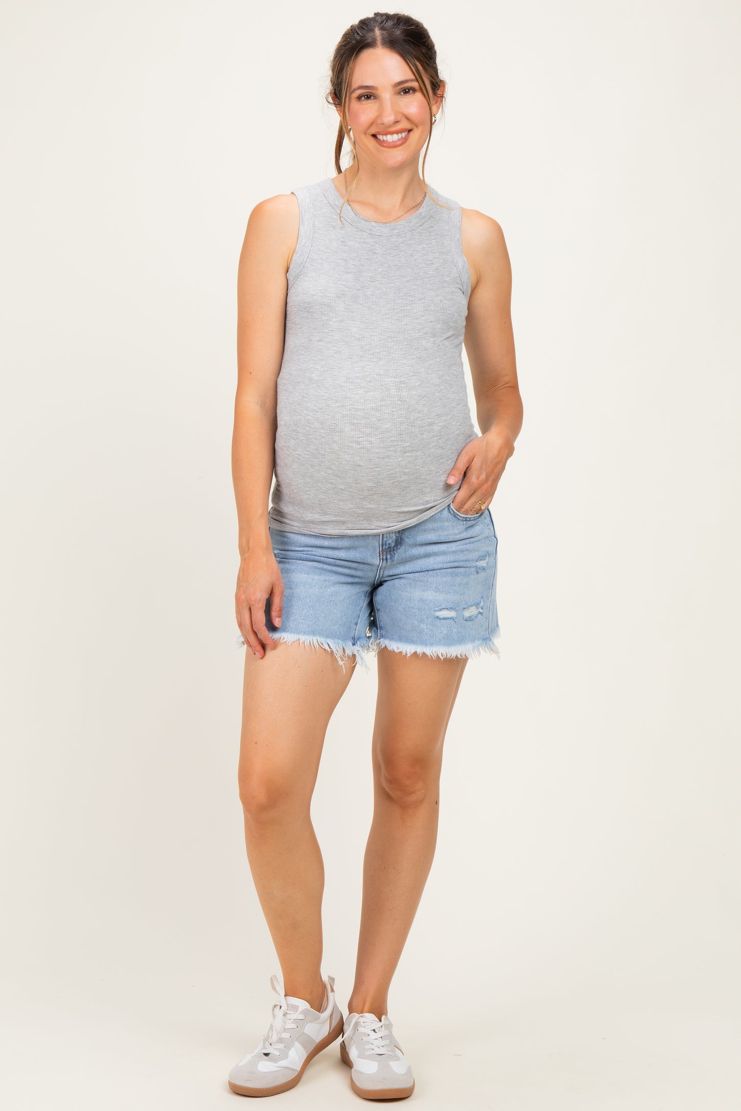 Light Blue Distressed Fringe Hem Maternity Denim Midi Short