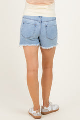 Light Blue Distressed Fringe Hem Maternity Denim Midi Short