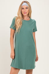 Olive Ribbed Knit Basic Short Sleeve T-Shirt Dress