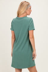 Olive Ribbed Knit Basic Short Sleeve T-Shirt Dress