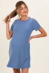 Blue Ribbed Knit Basic Short Sleeve Maternity T-Shirt Dress