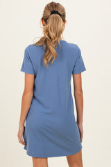 Blue Ribbed Knit Basic Short Sleeve Maternity T-Shirt Dress