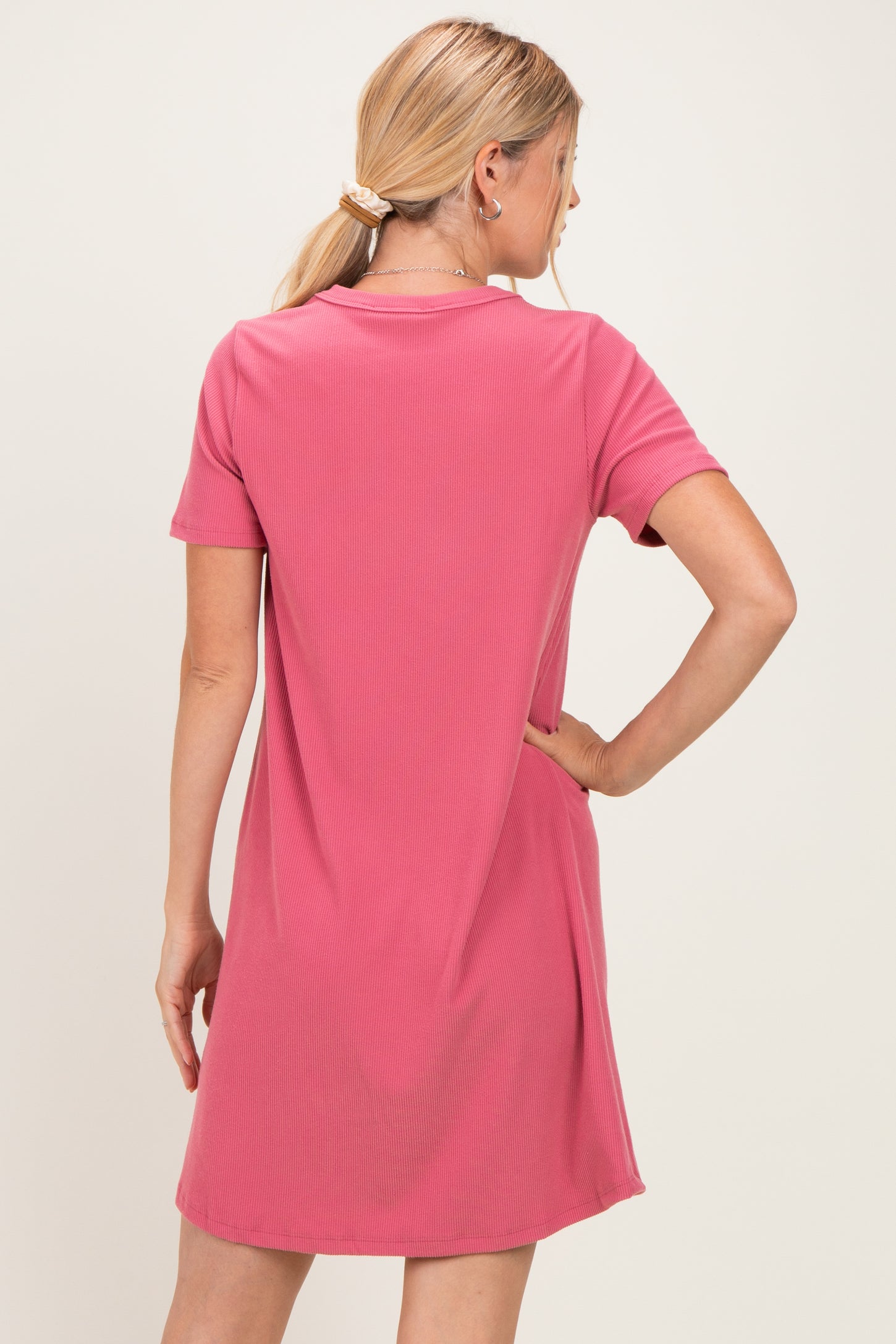 Pink Ribbed Knit Basic Short Sleeve T-Shirt Dress