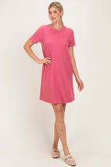 Pink Ribbed Knit Basic Short Sleeve T-Shirt Dress