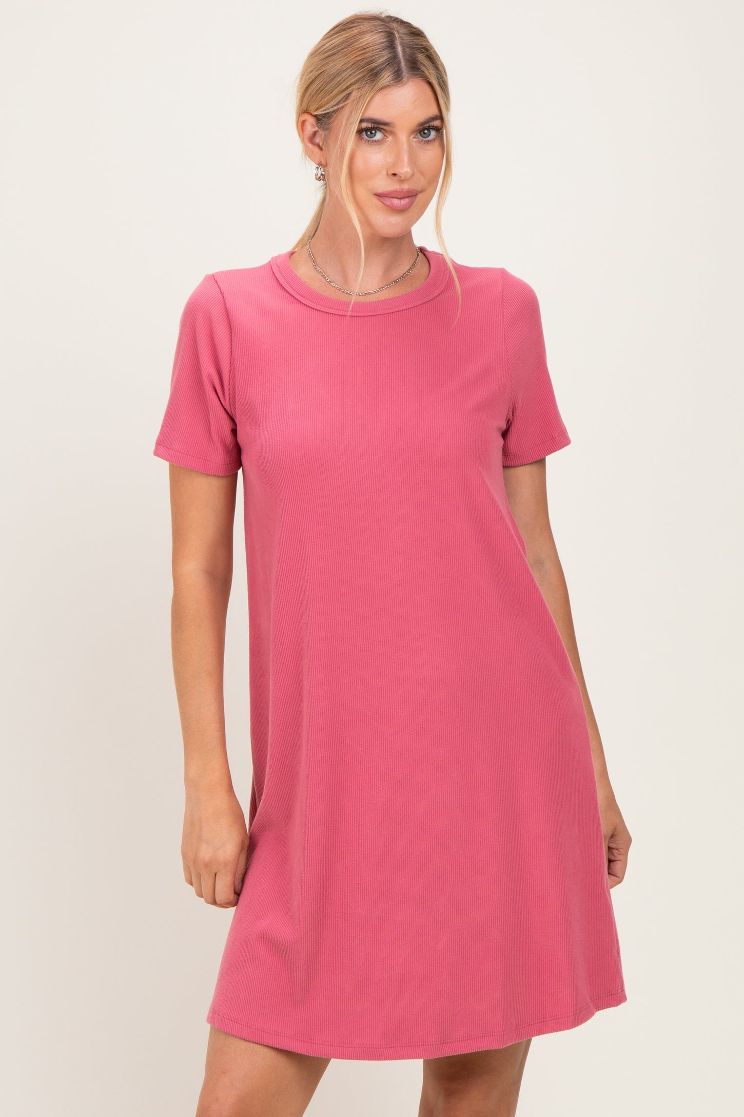 Pink Ribbed Knit Basic Short Sleeve T-Shirt Dress