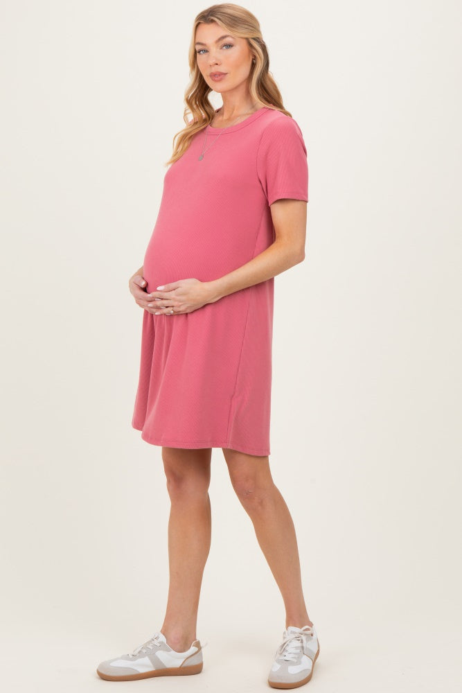 Pink Ribbed Knit Basic Short Sleeve Maternity T-Shirt Dress