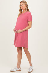 Pink Ribbed Knit Basic Short Sleeve Maternity T-Shirt Dress
