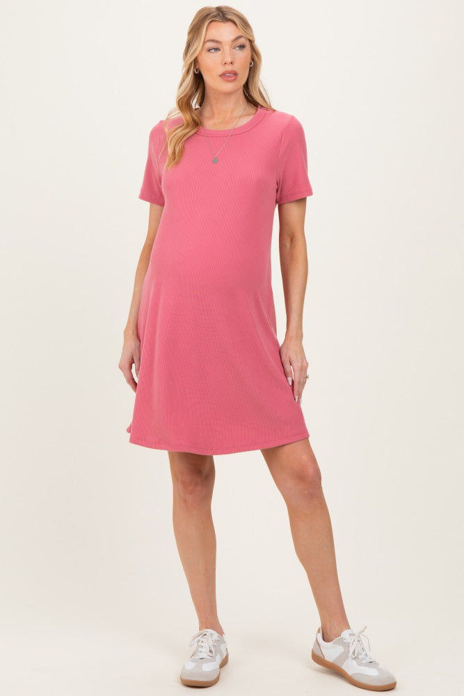 Pink Ribbed Knit Basic Short Sleeve Maternity T-Shirt Dress