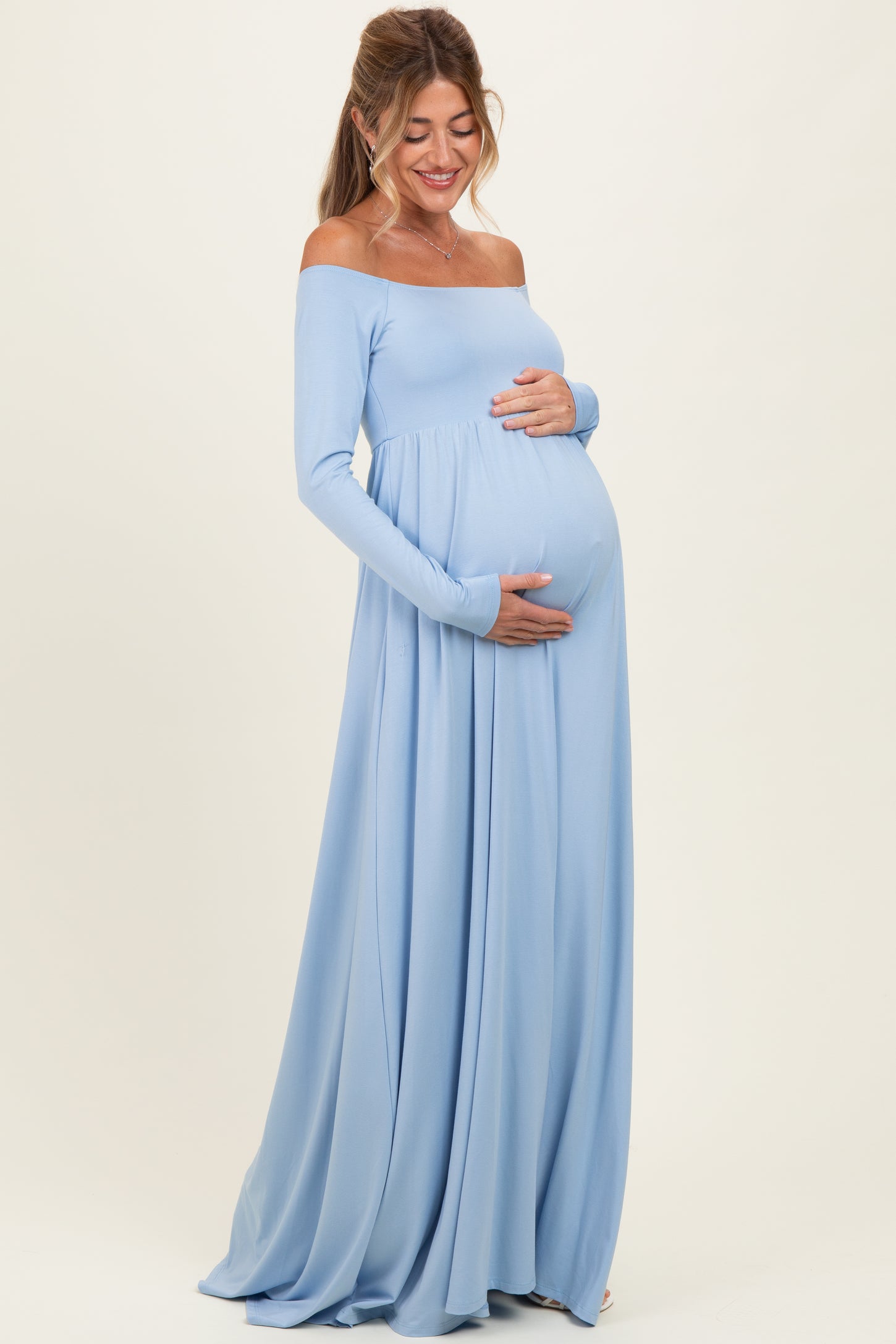 PinkBlush Light Blue Off Shoulder Maternity Maxi Dress