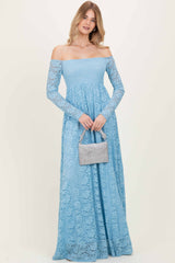 Light Blue Floral Lace Long Sleeve Off Shoulder Maternity Maxi Dress