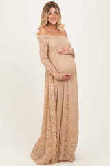 Gold Floral Lace Long Sleeve Off Shoulder Maternity Maxi Dress