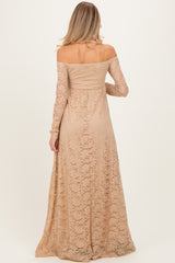 Gold Floral Lace Long Sleeve Off Shoulder Maternity Maxi Dress