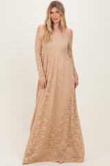 Gold Floral Lace Long Sleeve Off Shoulder Maternity Maxi Dress