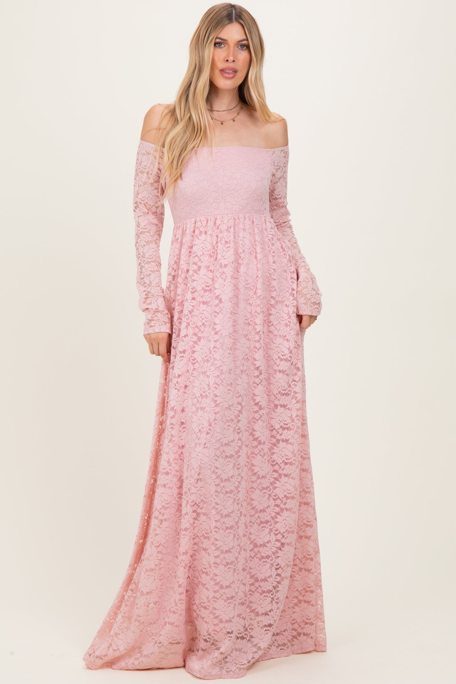 Light Pink Floral Lace Long Sleeve Off Shoulder Maxi Dress