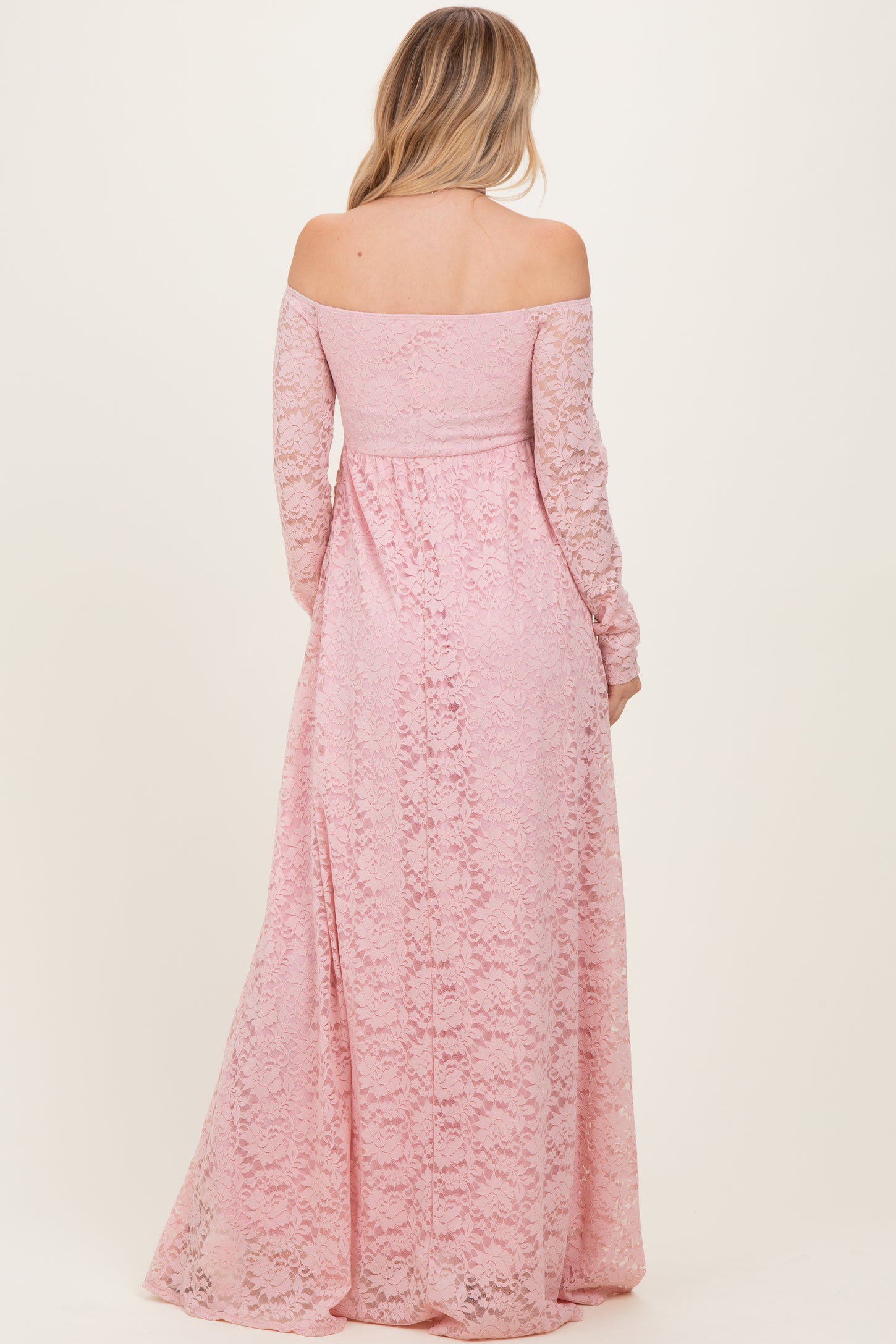 Light Pink Floral Lace Long Sleeve Off Shoulder Maxi Dress