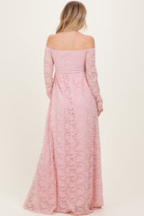 Light Pink Floral Lace Long Sleeve Off Shoulder Maxi Dress