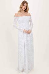 White Floral Lace Long Sleeve Off Shoulder Maternity Maxi Dress