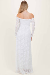 White Floral Lace Long Sleeve Off Shoulder Maxi Dress