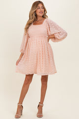 Peach Textured Dot Smocked Square Neck Chiffon Maternity Dress