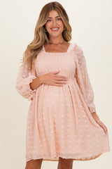 Peach Textured Dot Smocked Square Neck Chiffon Maternity Dress