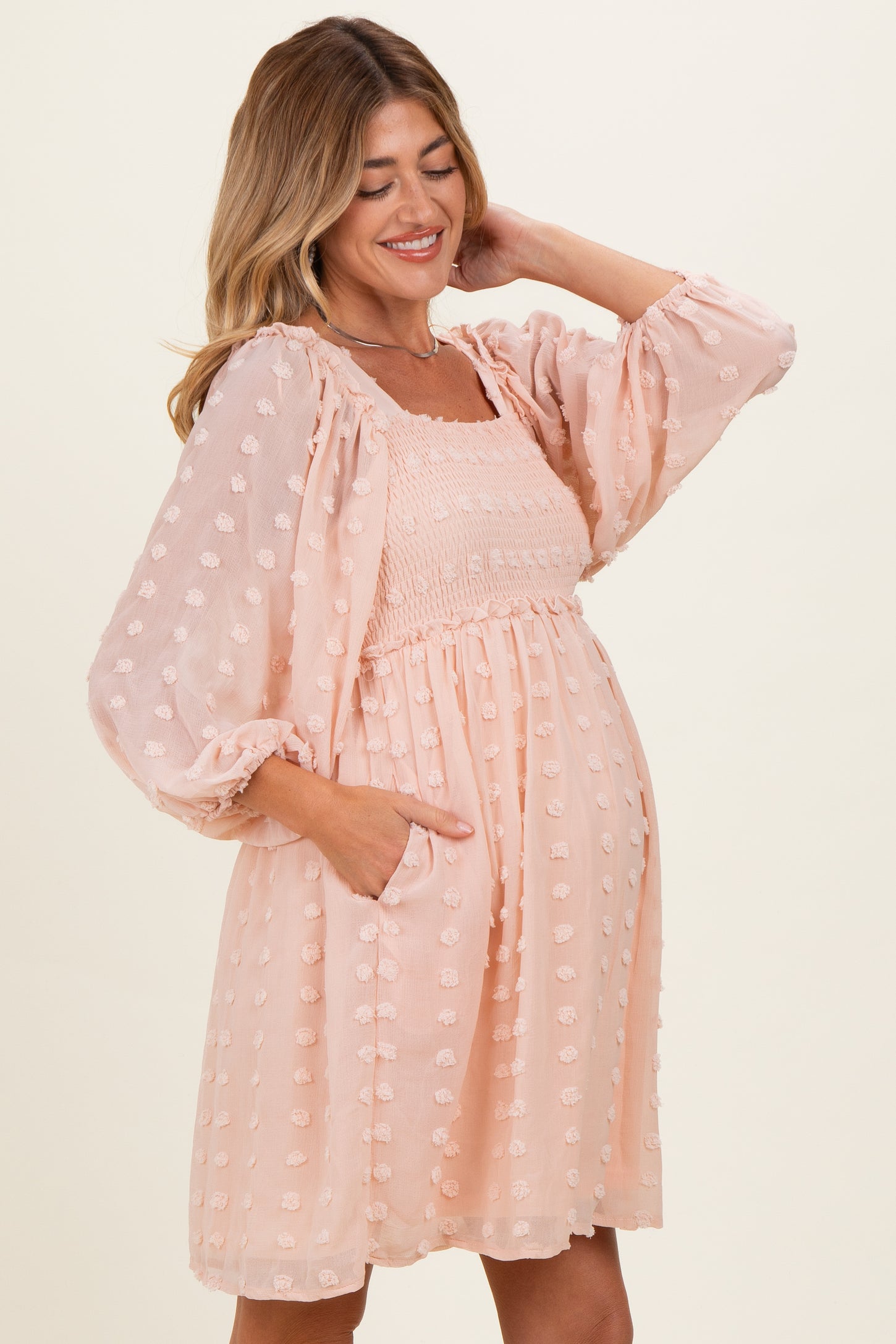 Peach Textured Dot Smocked Square Neck Chiffon Maternity Dress