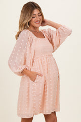 Peach Textured Dot Smocked Square Neck Chiffon Maternity Dress