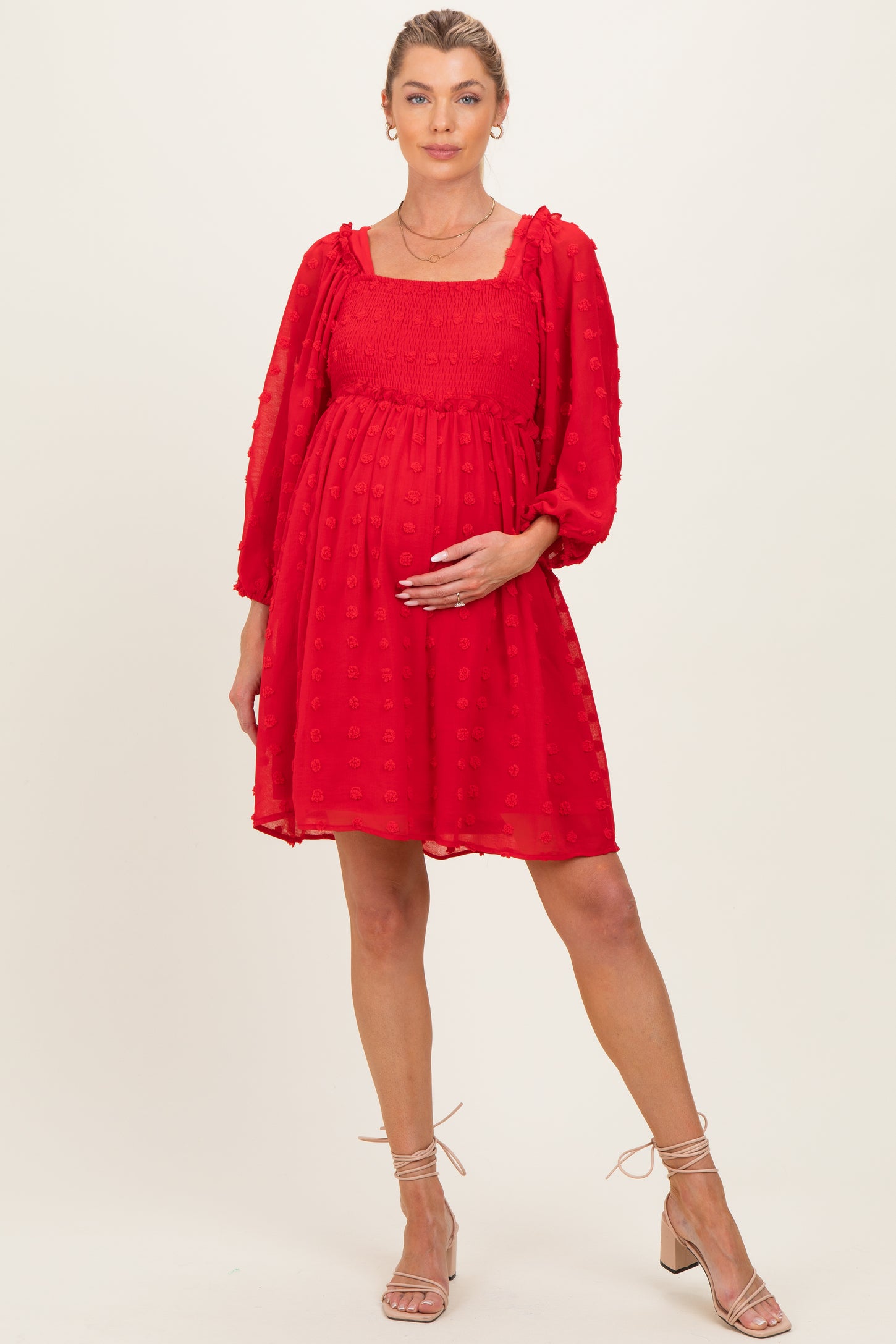 Red Textured Dot Smocked Square Neck Chiffon Maternity Dress