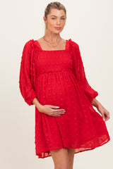 Red Textured Dot Smocked Square Neck Chiffon Maternity Dress