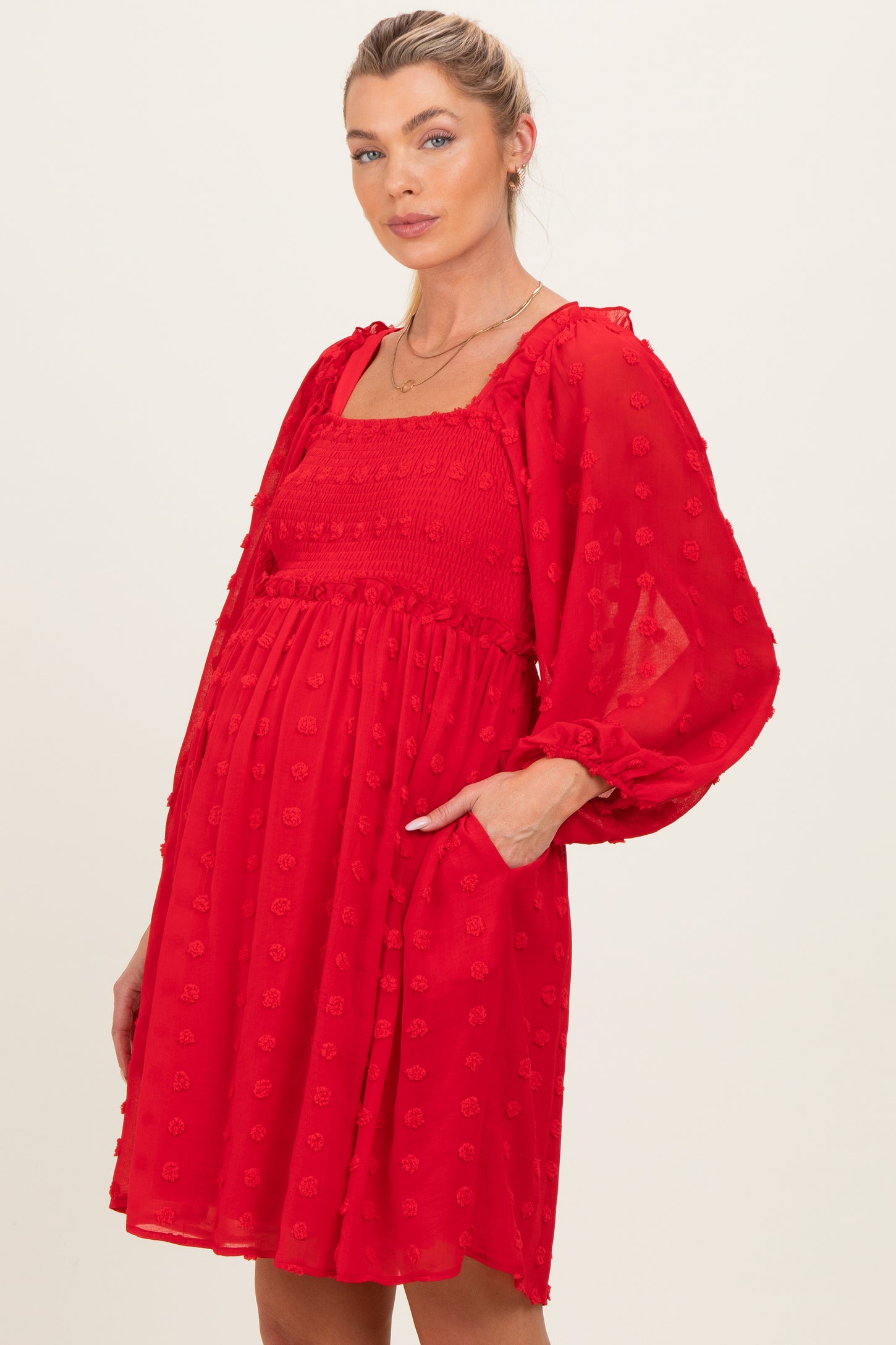Red Textured Dot Smocked Square Neck Chiffon Maternity Dress