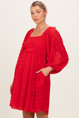 Red Textured Dot Smocked Square Neck Chiffon Maternity Dress
