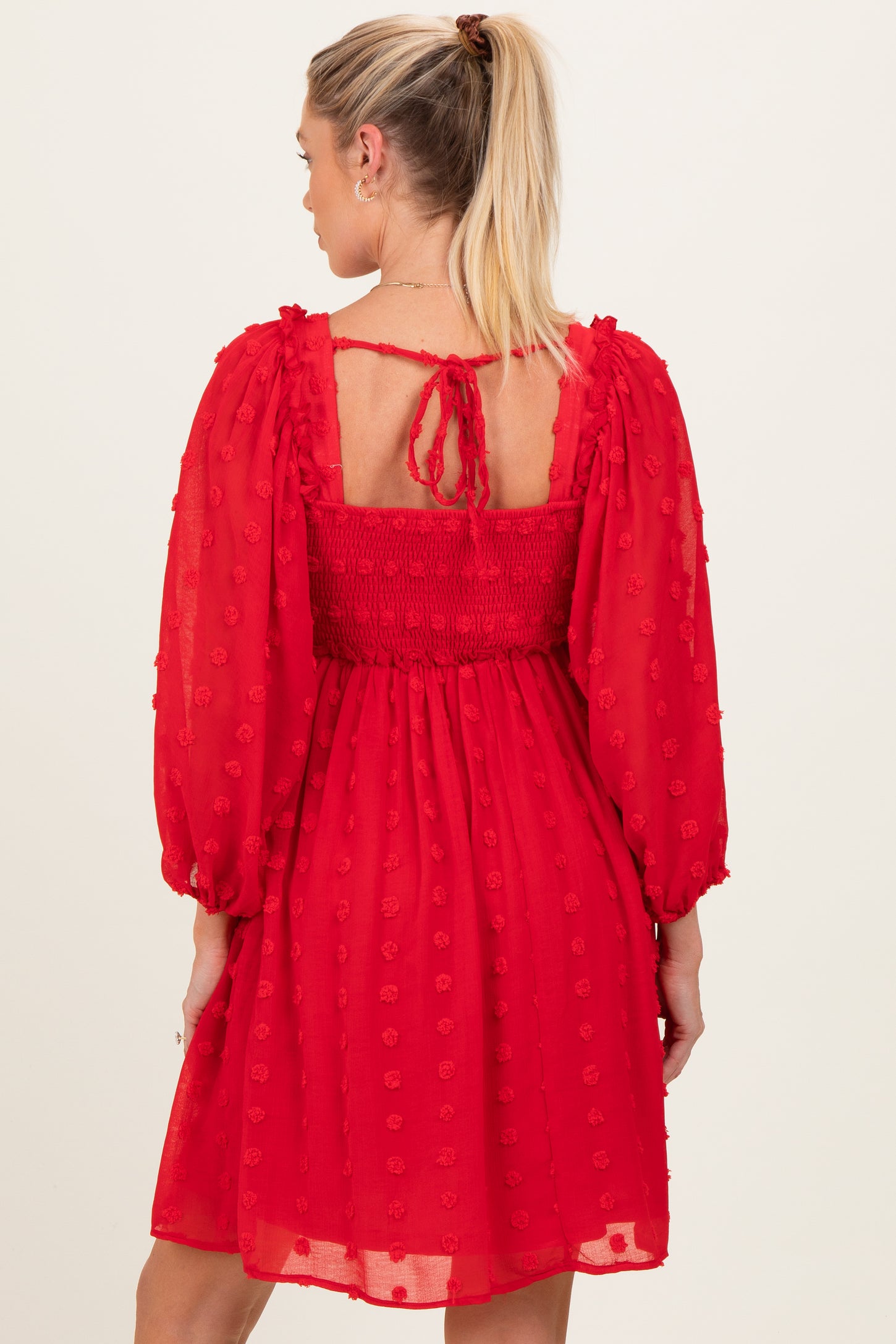 Red Textured Dot Smocked Square Neck Chiffon Maternity Dress