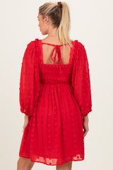 Red Textured Dot Smocked Square Neck Chiffon Maternity Dress