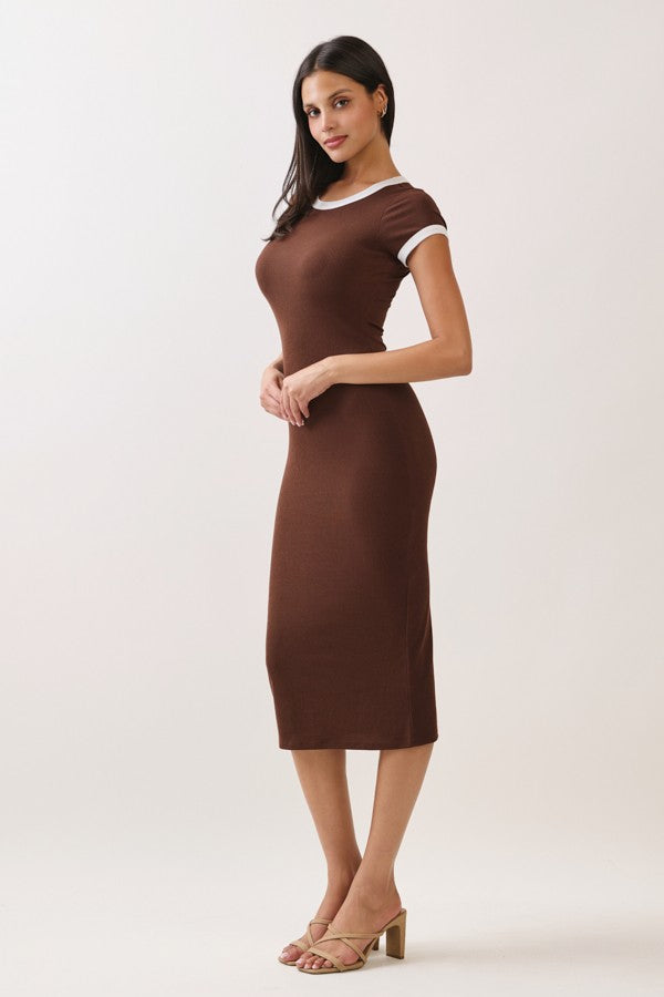 Brown Colorblock Trim Midi Dress