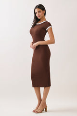 Brown Colorblock Trim Midi Dress
