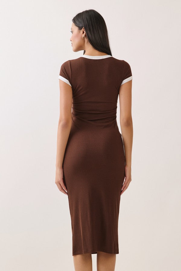 Brown Colorblock Trim Midi Dress