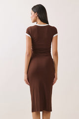 Brown Colorblock Trim Midi Dress