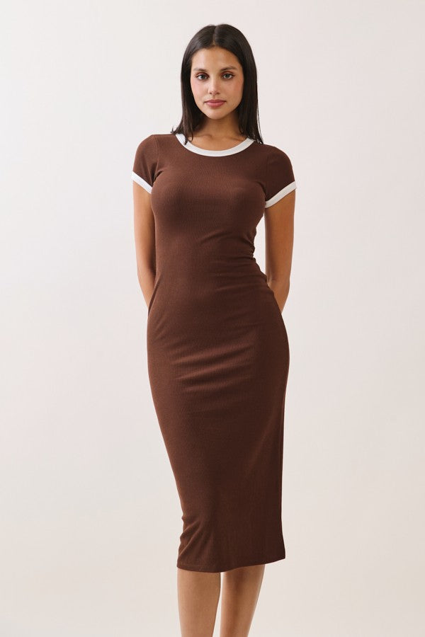 Brown Colorblock Trim Midi Dress