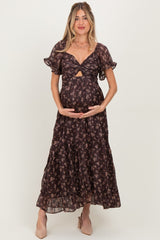 Brown Floral Stripe Twist Front Cutout Maternity Maxi Dress