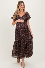 Brown Floral Stripe Twist Front Cutout Maternity Maxi Dress