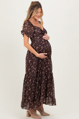 Brown Floral Stripe Twist Front Cutout Maternity Maxi Dress