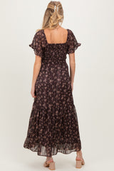 Brown Floral Stripe Twist Front Cutout Maternity Maxi Dress