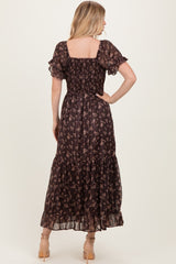 Brown Floral Stripe Twist Front Cutout Maxi Dress
