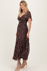 Brown Floral Stripe Twist Front Cutout Maxi Dress